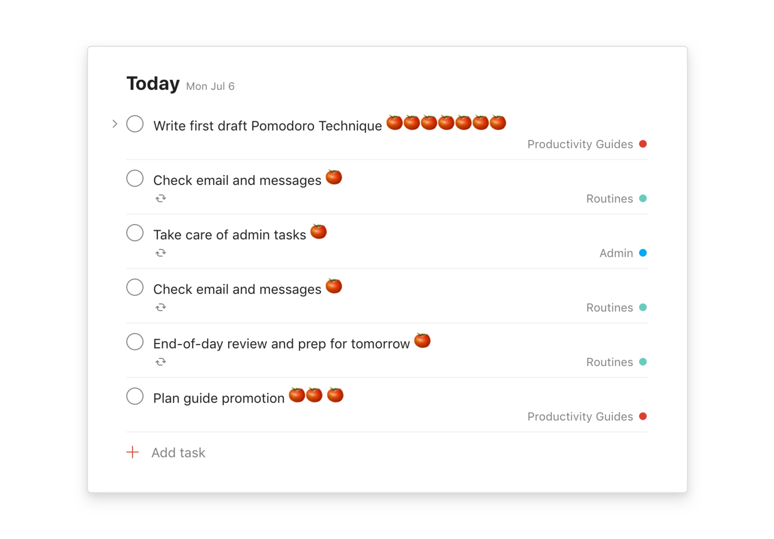 Pomodoro planning in Todoist with tasks for drafting and checking emails