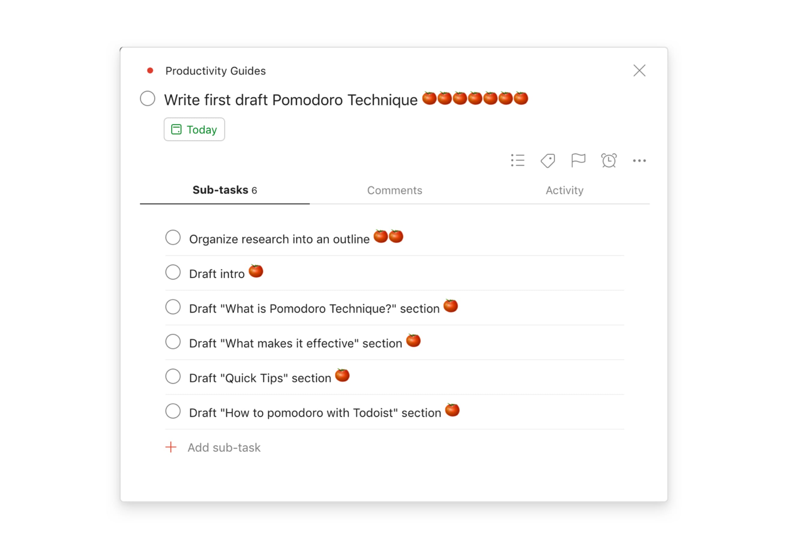 A Todoist project split into sub-taks following the pomodoro technique rules